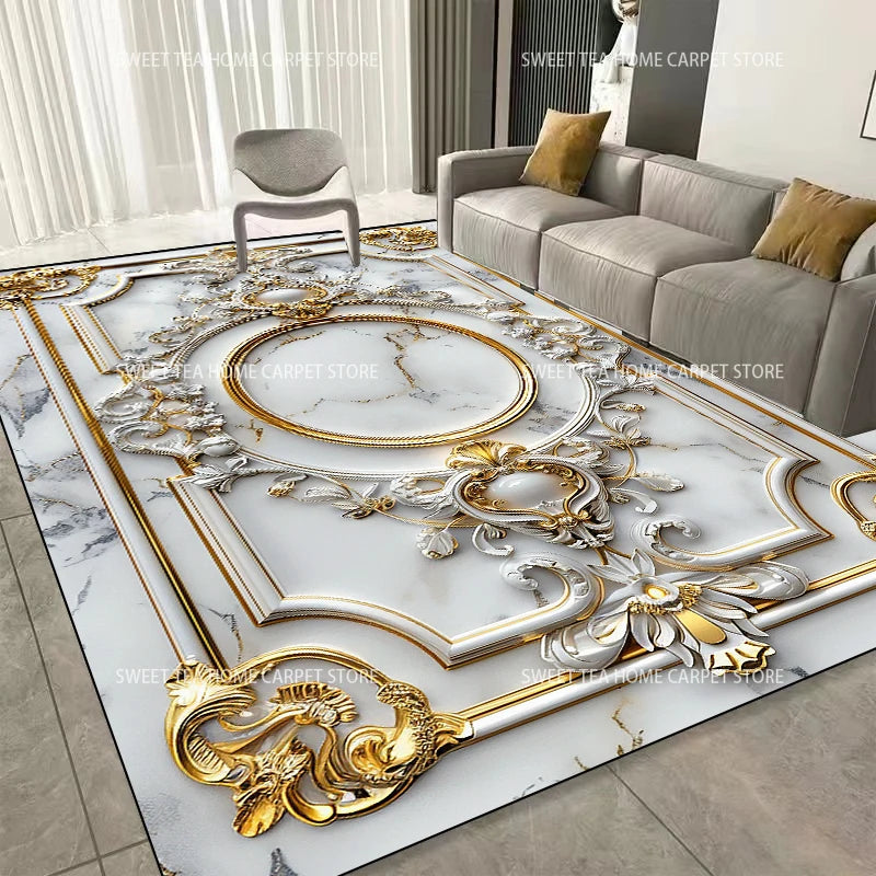 Luxus Teppich mit modernem Goldrahmen - Waschbar für Wohnzimmer und Schlafzimmer