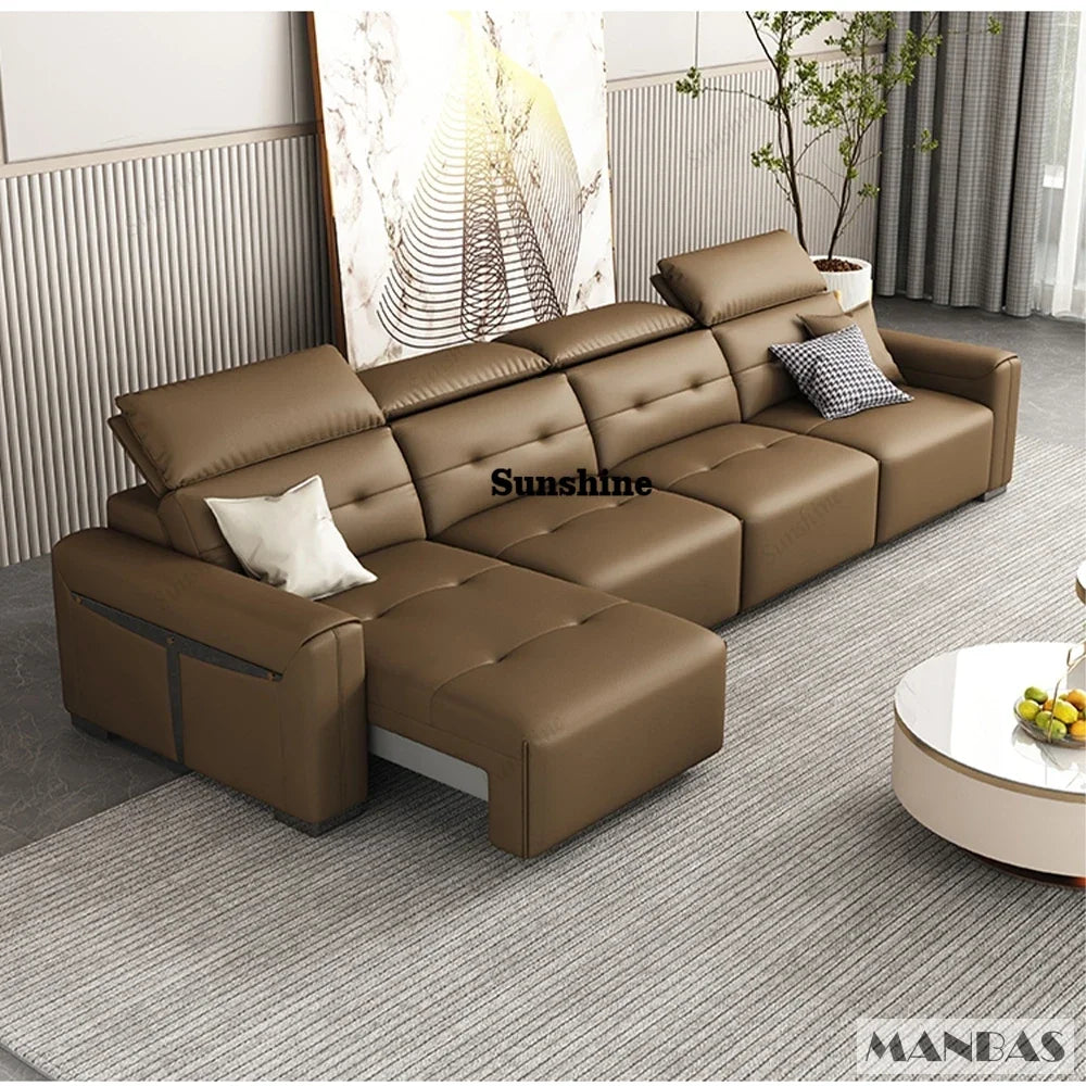 Genuine Leather Electric Convertible Sofa Bed with Adjustable Headrest, Multifunctional Folding Sofa Beds for Cinema Living Room