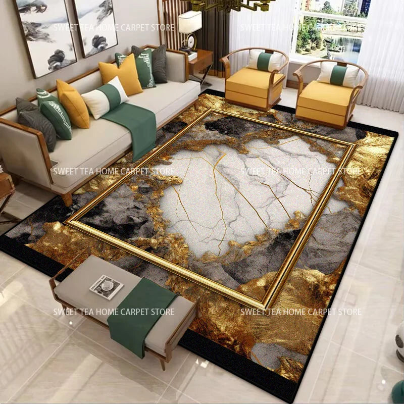 Luxus Teppich mit modernem Goldrahmen - Waschbar für Wohnzimmer und Schlafzimmer