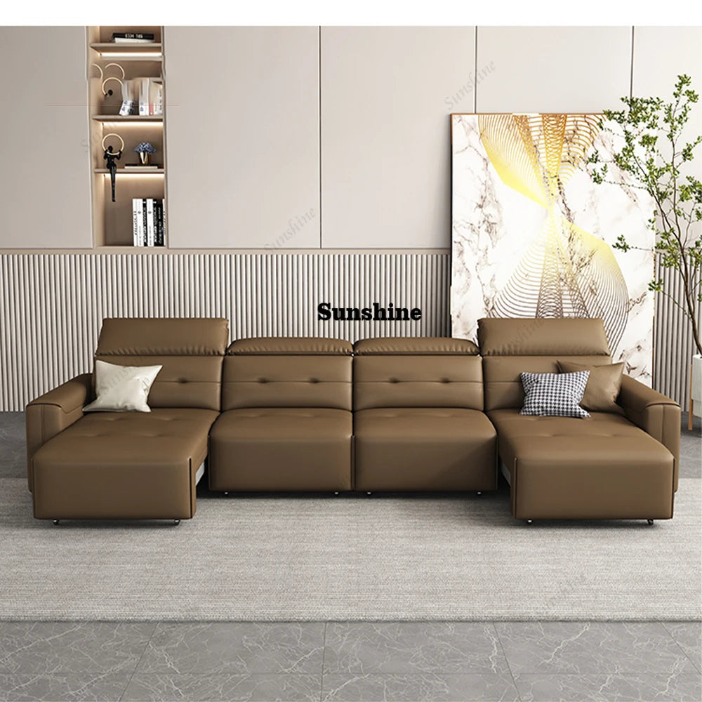 Genuine Leather Electric Convertible Sofa Bed with Adjustable Headrest, Multifunctional Folding Sofa Beds for Cinema Living Room