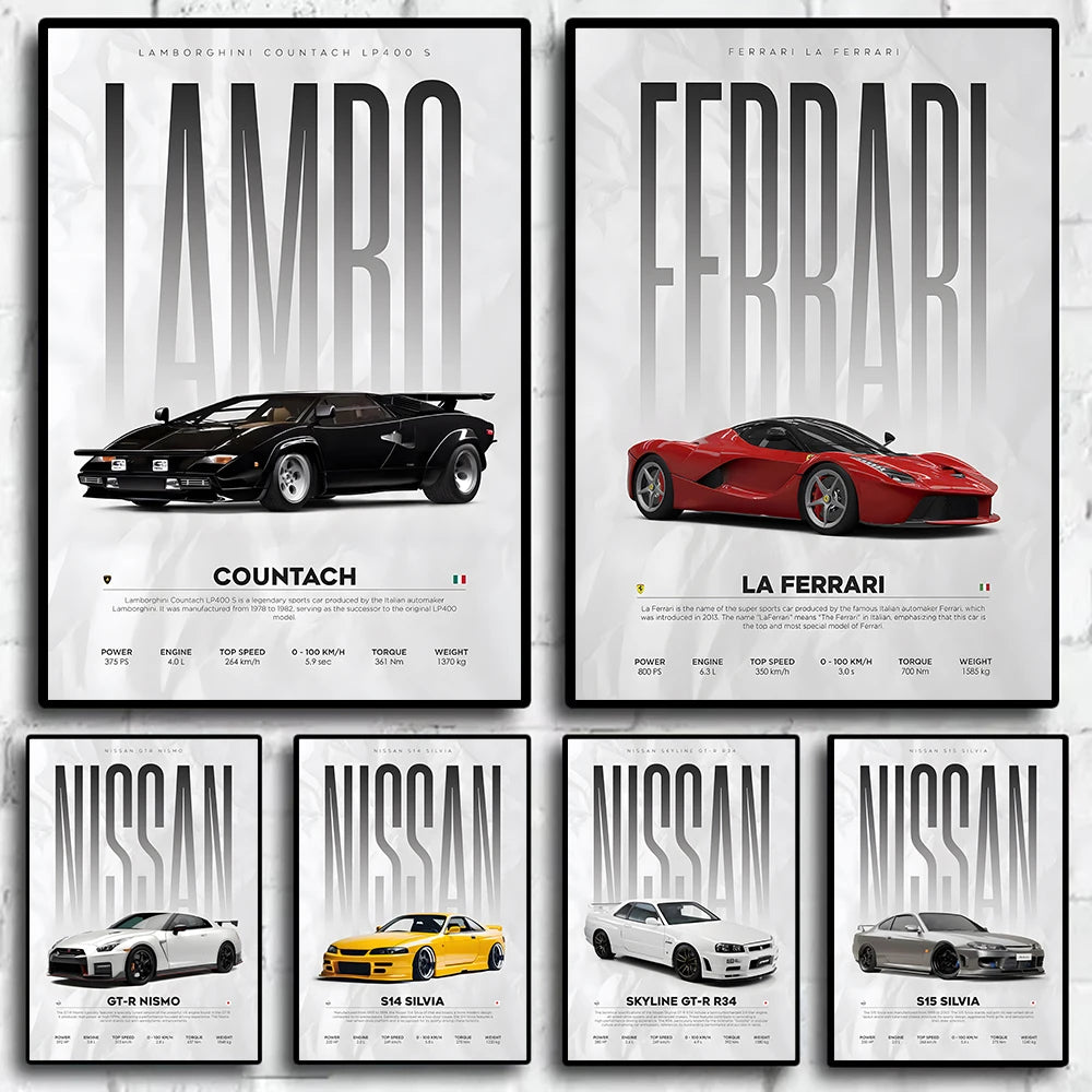 Berühmte Autos Poster - S14 F430 SF90 AMG GT R34 F40 Leinwand Wandkunst für Wohnzimmer