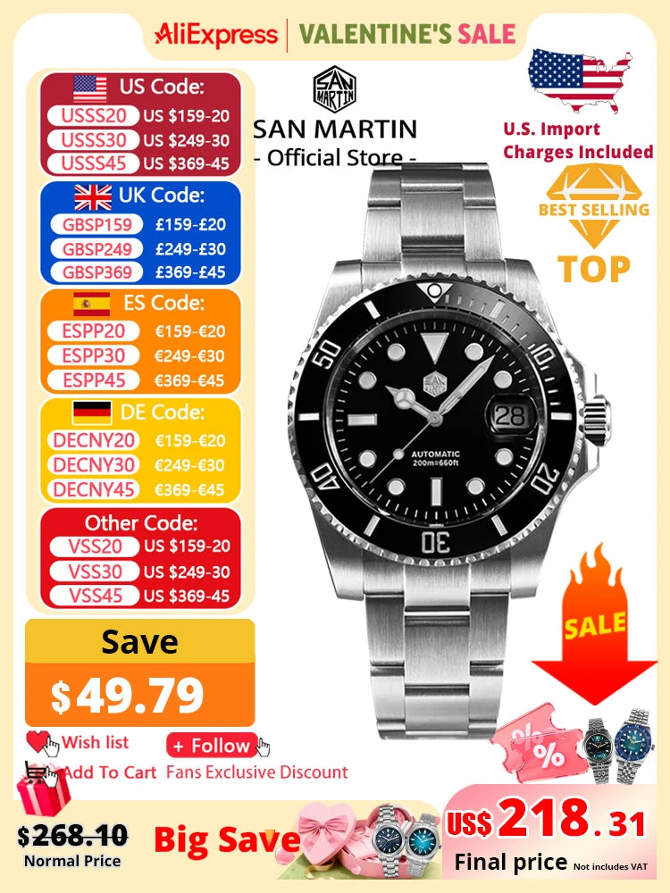 San Martin Taucheruhr 40mm - Automatik Mechanische Herrenuhr, Saphirglas, 200m Wasserdicht