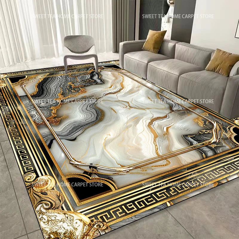 Luxus Teppich mit modernem Goldrahmen - Waschbar für Wohnzimmer und Schlafzimmer