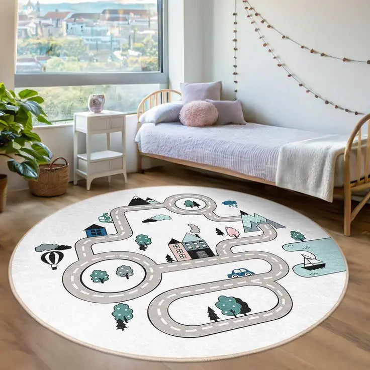 Runder Kinder Teppich mit Cartoon Straßenkarte