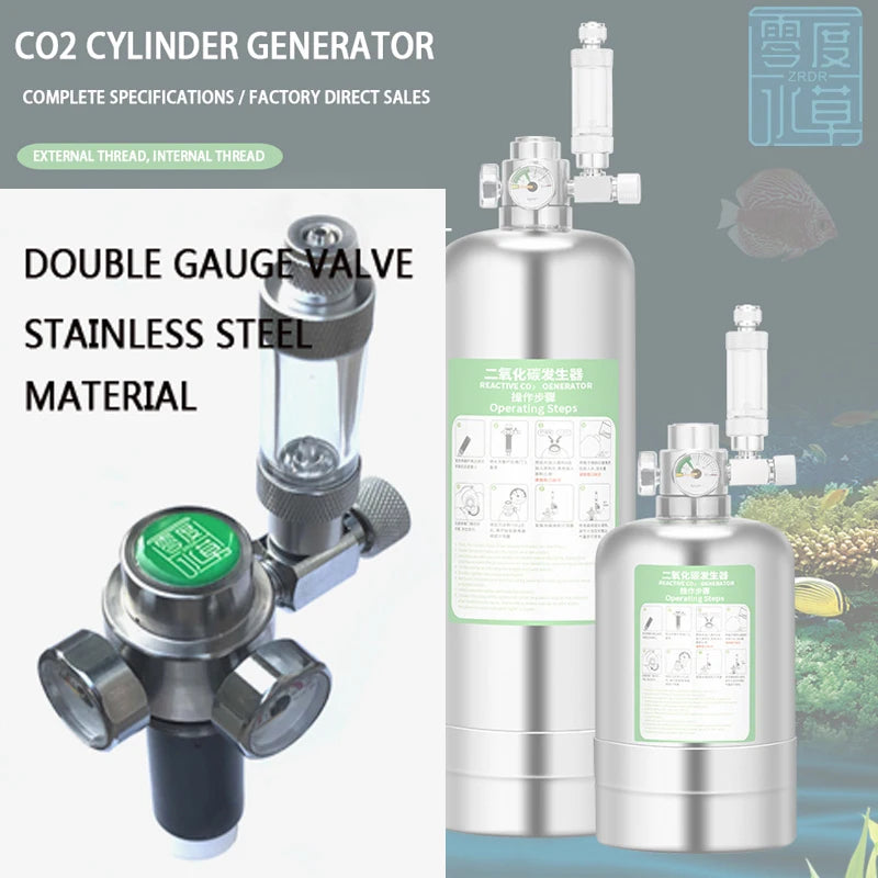 ZRDR Aquarium CO2 Generator Stainless Steel Double Gauge Valve Internal Thread Steel Cylinder Valve Fish Tank CO2 Accessories