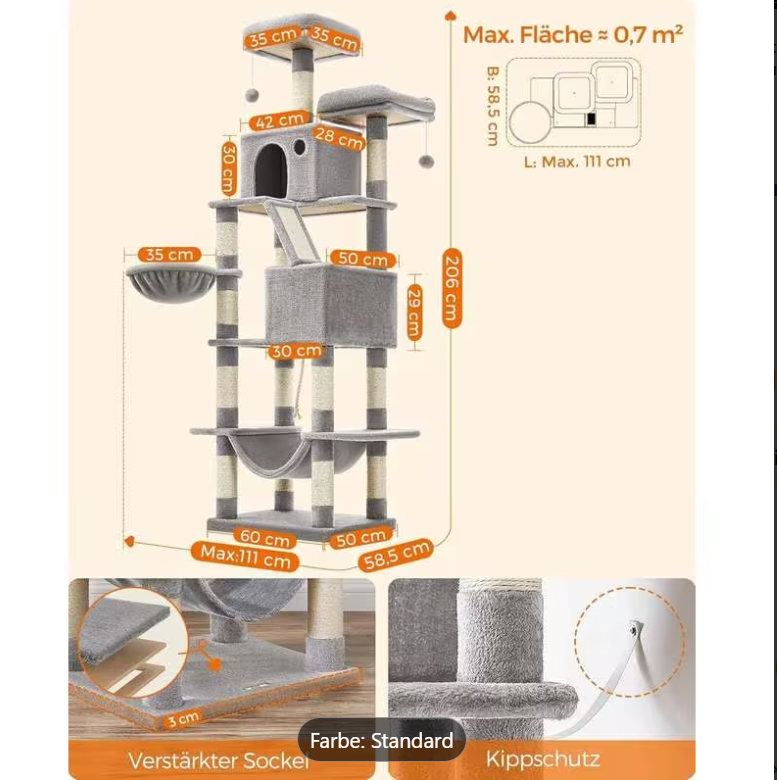 FEANDREA Kratzbaum XXL Katzenbaum Mehrstöckig Hellgrau