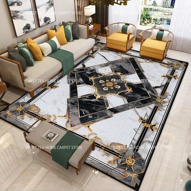 Luxus Teppich mit modernem Goldrahmen - Waschbar für Wohnzimmer und Schlafzimmer